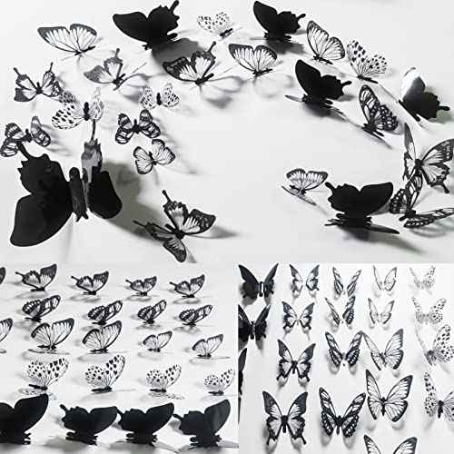 Ewong 3D Butterfly Wall Decor - 66Pcs Black Butterfly Decoration Party Cake Decorations - Removable Waterproof Wall Decal Birthday Home Room Decor Bathroom Bedroom Sticker & Murals
