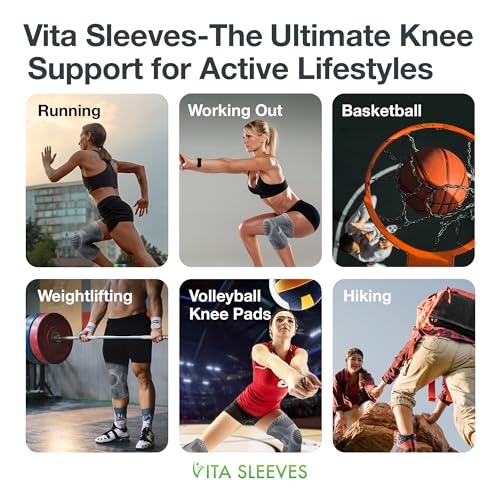 Vita Sleeves For Knees 7-Zone Compression Sleeve Brace | Breathable Lightweight Support for Sore or Stiff Knees in Running, Sports, Workouts | Anti-Slip Grip, Moisture-Wicking (S/M-L/XL) (Small/Medium)