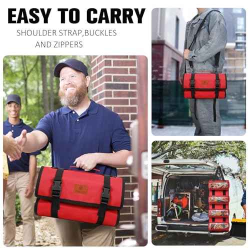 Canvas Tool Roll Up Bag, Multi-Purpose Wrench Organizer, Hvac Tool Bag with 4 Pockets (Red)