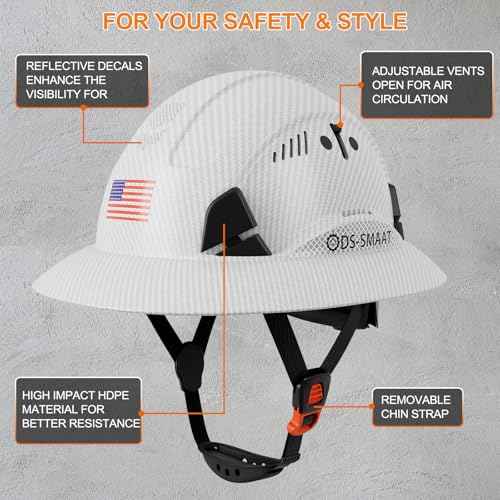 Structure Full Brim Hard Hat with Glasses and Cooling Towel Adjustable Ventilation Reflective Helmet ANSI Z89.1 Type OSHA Approved 6 Point Hanging Helmet for Industrial