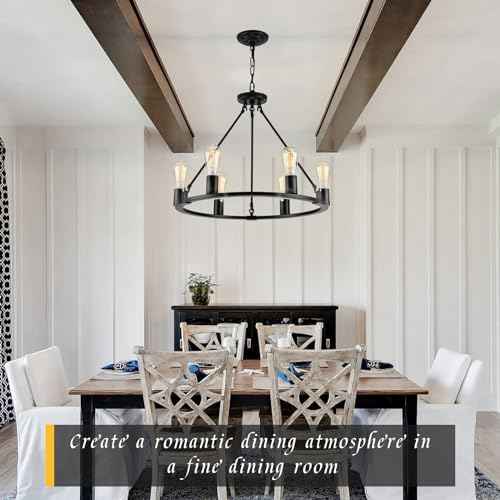 Black Chandelier, 6-Light Dining Room Light Fixture, Round Farmhouse Wagon Wheel Chandeliers for Dining Room Living Room Entryway Kitchen Island Dia 24"