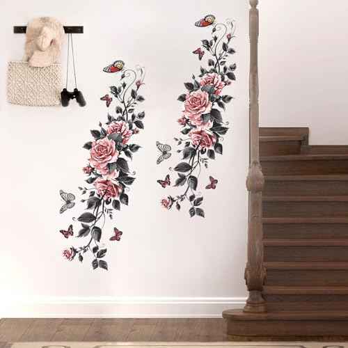 Black Butterflies Rose Wall Decals Pink Flower Vines Wall Stickers Vinyl Floral Wall Art Decor for Girls Bedroom Bathroom Beauty Salon Window Door Decorations