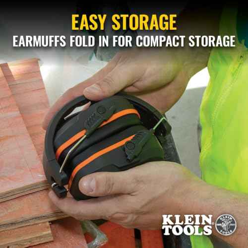 Klein Tools 60570 Hearing Protection Ear Muffs, NRR 27dB, Ultra-Slim Over-the-Head Adjustable Safety Earmuffs for Loud Jobsites