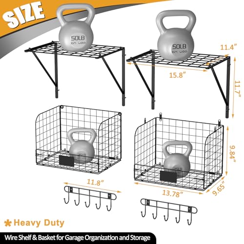 2 Pack Garage Shelves Wall Mounted with Wire baskets, Heavy Duty Garage Wall Shelving with Hooks, Wire Shelf Baskets Tool Organizer for Home Garden Garage Organization and Storage