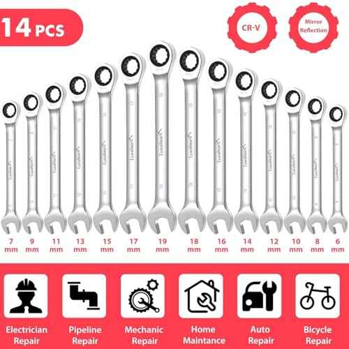 Towallmark Ratcheting Wrench Set 14pcs, Metric Fixed Head Wrench Set, Metric 6-19mm, Cr-V Steel Ratchet Wrenches Set with Storage Bag for motorcycle/car/mechanical etc.