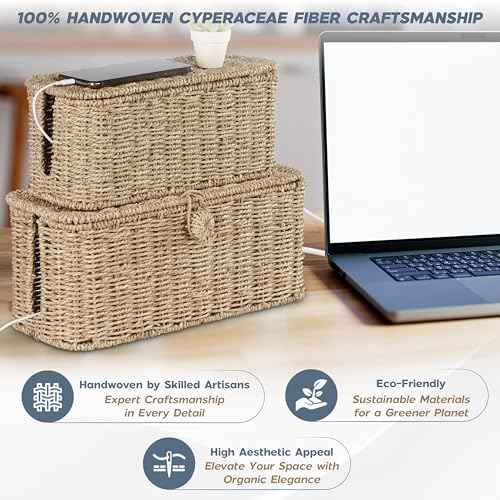 2-Pack Large Cable Management Box, Natural Rattan Cable Cord Organizer Boxes for Power Strip ? 2 Open Slots Cords Hider Box for TV Wires, Computer, Router, USB Hub and Under Desk Power Strip