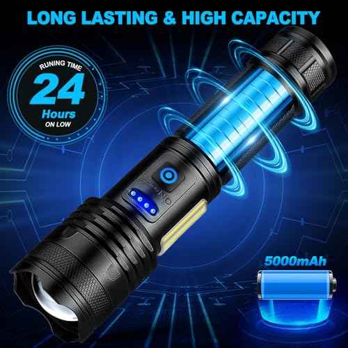 Alicegirl Rechargeable Flashlights High Lumens, 99000LM Super Bright Flashlight, Adjustable Powerful Flash Light with 8 Modes & COB Light, Waterproof Handheld Flashlight for Home Camping