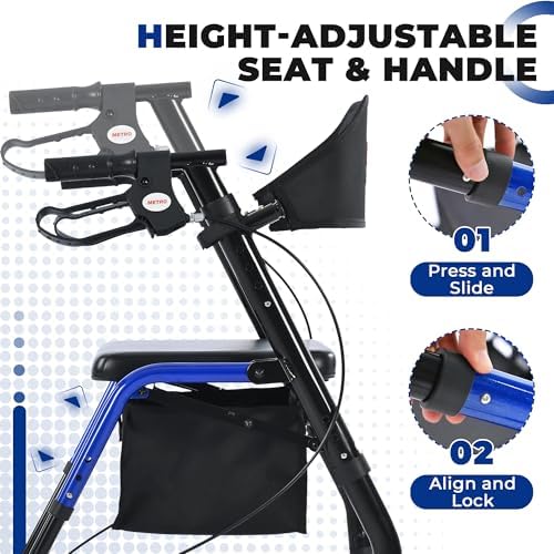 Metro Mobility Rollator Walker with Seat for Seniors, Foldable Lightweight Rolling Walker, 8" Big Wheels for All Terrain, 300 lb. Weight Capacity, Blue
