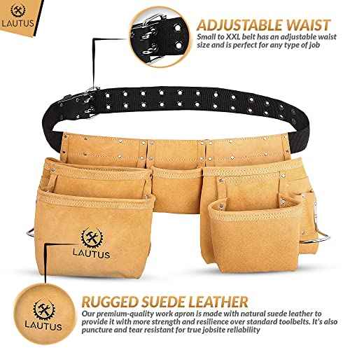 LAUTUS Suede Tool Belt/Pouch/Bag/Work Apron | Carpenter, Construction, Framers, Electrician |11 Pockets | Adjustable Double Pronged Belt | 2 Hammer Loops|