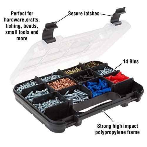 Hardware Organizer Box with Dividers - 14 Compartment Small Parts Organizer Portable Tool Box Organizer with Secure Latches - Plastic Screw Organizer Box for Nuts, Beads, Jewelry or Tackle by Stalwart