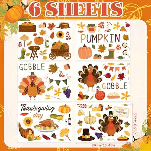 115 Pcs 6 Sheets Thanksgiving Wall Decals Fall Wall Stickers Thanksgiving Maple Leaves Turkey Pumpkin Stickers Fall Window Clings Decoration for Bedroom Living Room Home Decor(Pumpkin)