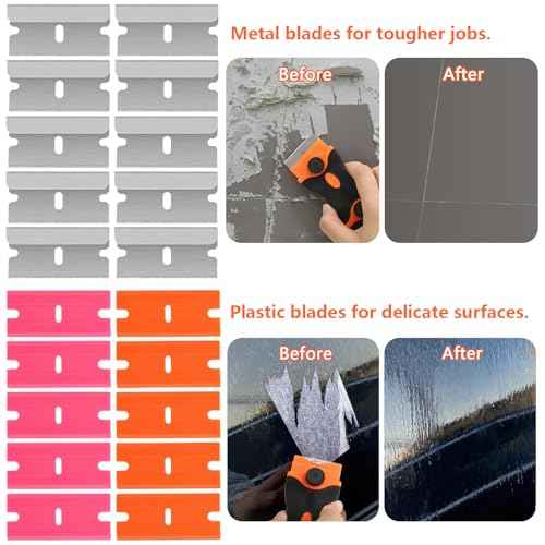 2 Pcs 2-in-1 Razor Blade Scraper Tool with 30Pcs Plastic Blades, 30Pcs Metal Blades and 2Pcs Plastic Cleaning Scrapers for Decals, Stickers, Labels, Caulk, Adhesive, Paint Removal
