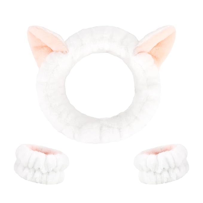 CAVETEE 3 Piece Headband and Wristband Set for Women, Spa Hairband with Cat Ears, Soft and Comfortable Skin Care Headband and Wristband Set for Shower, Facial, Makeup, White