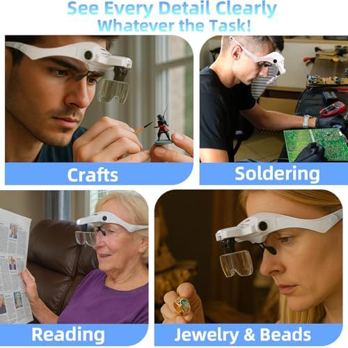 Rechargeable Lighted Headband Magnifier – Hands-Free Magnifying Tool for Jewelry, Eyelash Extensions, Watch Repair, Cross Stitch and Crafts