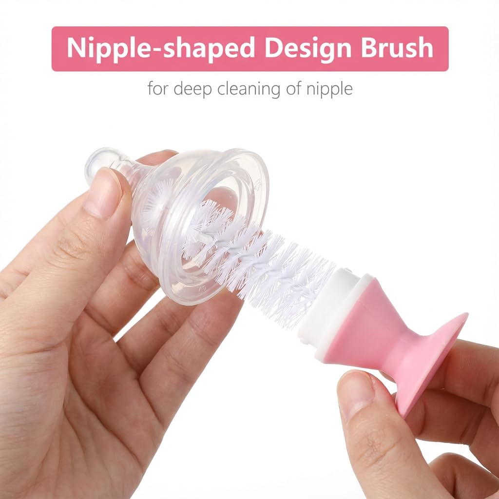 Ariseno 5-in-1 Baby Bottle Brush Set, Including Nylon and Silicone Bottle Brush, Cap, Straw, Nipple Brushes, BPA-Free (Pink)