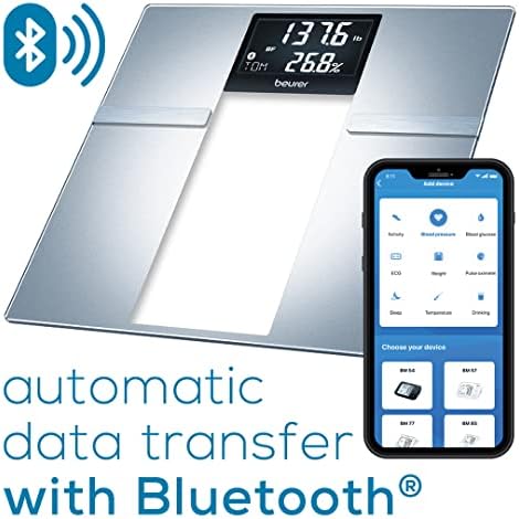 Beurer BF720 Smart Scale for Body Weight, Body Fat, Body Water & More – 400 lb Capacity, Bluetooth App, Calorie Data, User Recognition, XL LCD Display, Glass Digital Bathroom Scale – Grey