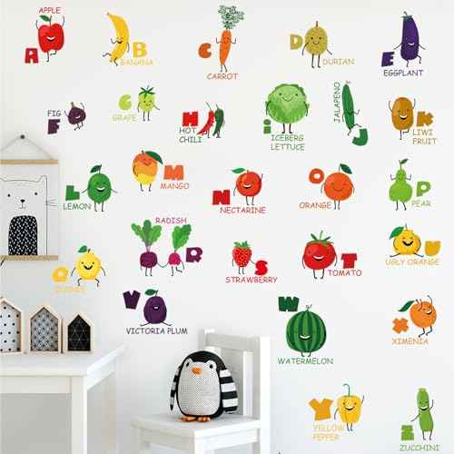 Fruit Vegetables Alphabet Kids Wall Stickers Wall Decals Peel and Stick Removable Cartoon Wall Stickers for Kids Nursery Bedroom Living Room Decor
