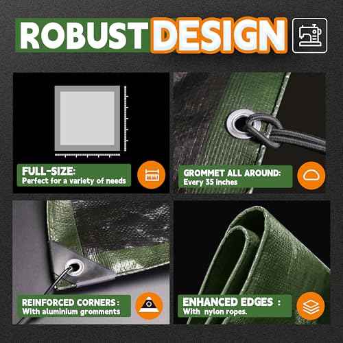 RAINDEWAY Tarps 8x10 Feet£¨5 Pack£©,Tarp Waterproof,9Mil Thick Finished Size, Multipurpose Poly Tarp Cover with Metal Grommets and Reinforced Edges,Green/Black Tarpaulin