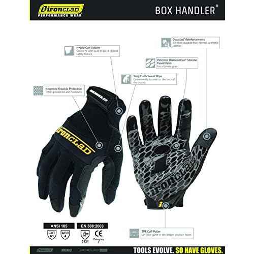 Ironclad Box Handler Work Gloves BHG, Extreme Grip, Performance Fit, Durable, Machine Washable, (1 Pair), Black