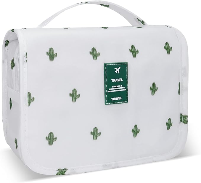 Large Capacity Toiletry Bag Travel Bag with Hanging Hook for Men and Women Waterproof Travel Cosmetic Bag Bathroom Storage Bag for Brushes Set, Full-Sized Shampoo,Accessories(White Cactus)