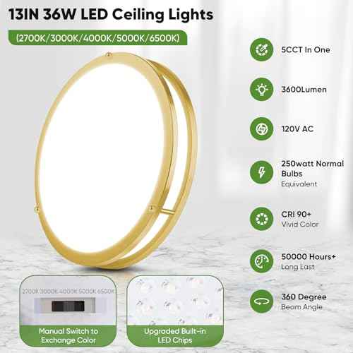 13 Inch Flush Mount Light Fixtures, 2-Pack Gold LED Ceiling Lights with 2700K/3000K/4000K/5000K/6500K 5 Color Temperatures, Modern Round LED Lights for Kitchen Bedroom Bathroom Living Room Closet