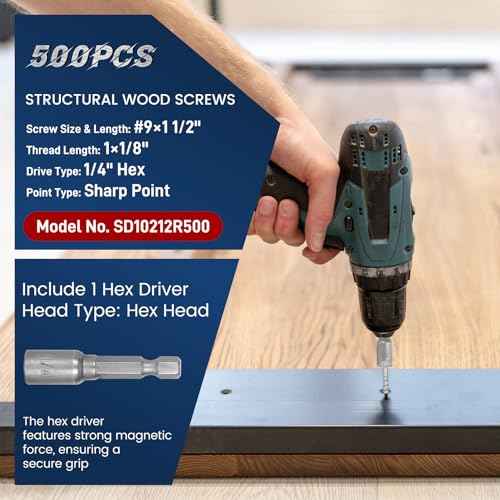Upgrade #9 x 1-1/2" Joist Hanger Screws-500 Qty,9112R500 Joist Hanger Connector Screws,1/4" Hex Socket Wood Screw,0.370"-Dia Deck Screw, Replace 10D Nails,Prem-Galvanized 1500 Hours Salt Spray Test
