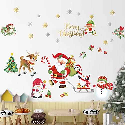 decalmile Christmas Window Wall Decals Santa Claus Elk Wall Stickers Snowman Snowflake Winter Penguin Window Clings Kids Room Home Party Shop Decorations
