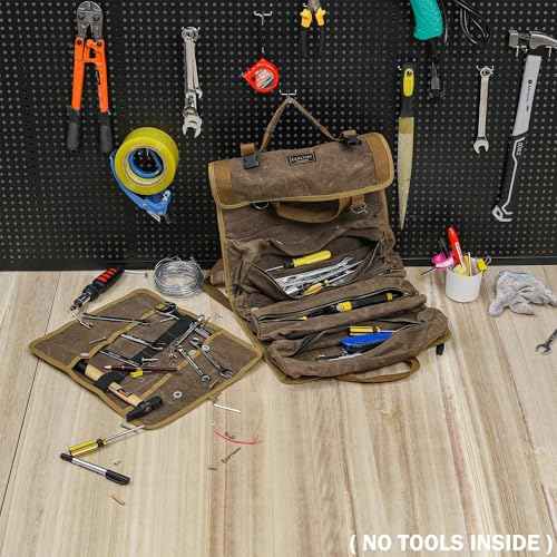 Multifunctional Tool Roll Bag | 16OZ Waxed Canvas Tool Carrier with 4 Pockets + 1 Detachable Roll - Portable Tool Organizer for Hammer Wrench Chisel | 27.5"x13.5" | Grey