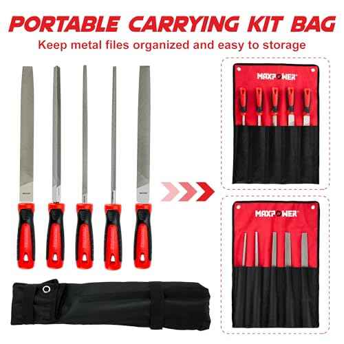 MAXPOWER 10-inch Metal File Set, 5 Pieces Hand Files Including Flat, Round, Half-Round, Triangle and Square, Soft Grip Handle, File Set for Wood, Metal Work and DIY