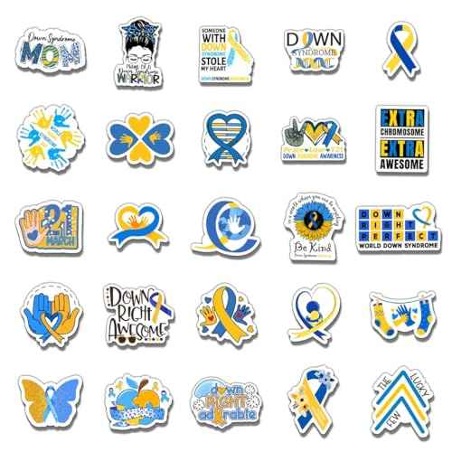 50 Pack Pcs Down Syndrome Awareness Ribbon Stickers for Water Bottles Waterproof Vinyl Laptop Luggage Inspirational Sticker Packs Adults Teens Girls Boys Aesthetic Small Decals