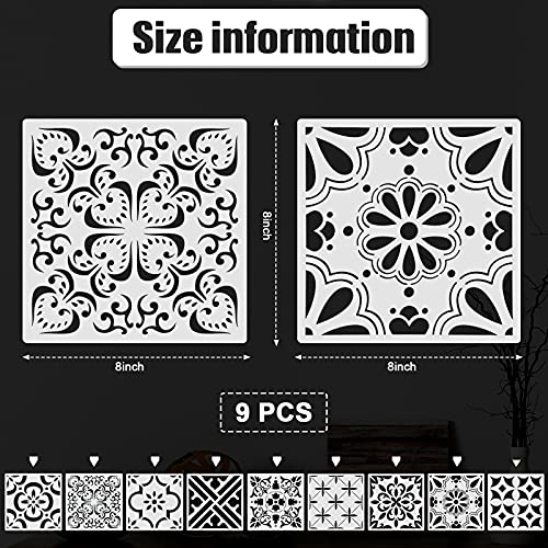9 Pieces Floor Painting Stencils Large Tile Stencils Wall Drawing Pattern Templates Floor Stencils Kit in 9 Styles for Painting Linoleum Floor Wall Wood Tiles Cement Decor (Simple Style,8 x 8 Inch)