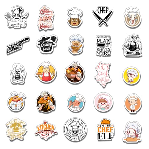 50 Pack Pcs Chef Stickers for Water Bottles Waterproof Vinyl Laptop Luggage Scrapbooking Funny Cooking Themed Sticker Packs Bulk Set Teens Adults Girls Kids Aesthetic Small Decals
