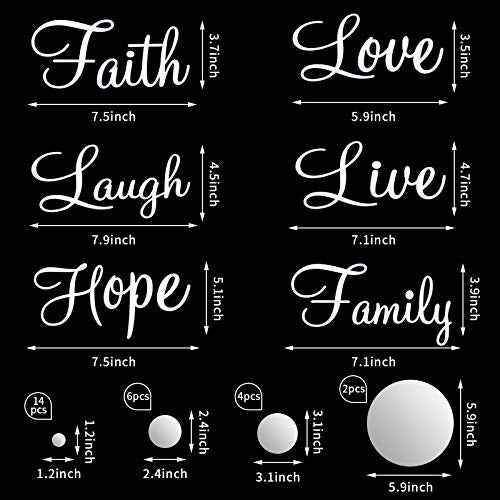Zonon 3D Acrylic Mirror Wall Decor Stickers 6 Word DIY Faith Live Laugh Hope Love Family Mirror Wall Decor 26 Solid Circle Stickers for Home Bedroom Office(Silver)