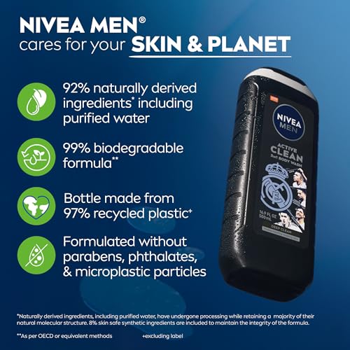 NIVEA MEN Real Madrid Limited Edition Design Active Clean Body Wash with Natural Charcoal for Normal to Oily Skin, 3-in-1 Charcoal Body Wash, Face and Hair, 16.9 Fl Oz Bottle, Pack of 3