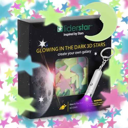Glow in The Dark Stars for Ceiling, Luminous Stars and Moon Stickers, Kids Wall Decor, Sticky Fluorescence Stars, Include Flashlight, Colourful Ceiling Stars for Kids Room