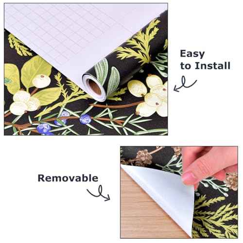 Okydoky Peel and Stick Wallpaper, Black Floral Wallpaper, 17.3"x236", Boho Leaf Wall Paper, Self-Adhesive Contact Paper, Home Decor for Bathoom Kitchen Wall Cabinet, Vinyl Waterproof L93192-6(US)