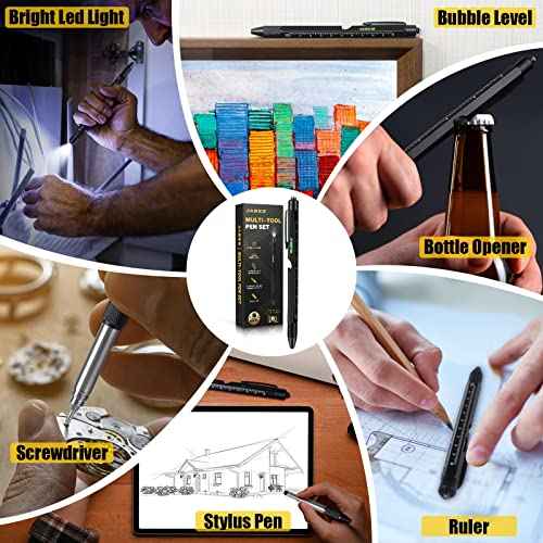 Christmas Stocking Stuffers Gifts for Men, White Elephant Gifts for Adults Dad Boyfriend Him Husband, 9 in 1 Multitool Tool Pen Set, Screwdriver, LED Light, Stylus, Bottle Opener, Ruler, Level(Black)