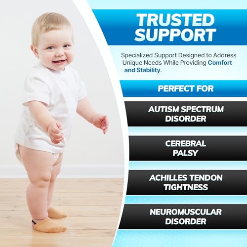 BraceAbility Toe Walking Socks (Pair) - Pediatric Kids Foot Brace for Comfortable Tip Toe Walking Prevention and Correction for Children and Toddlers, Cerebral Palsy Equipment, ADHD Support (S - Beige)