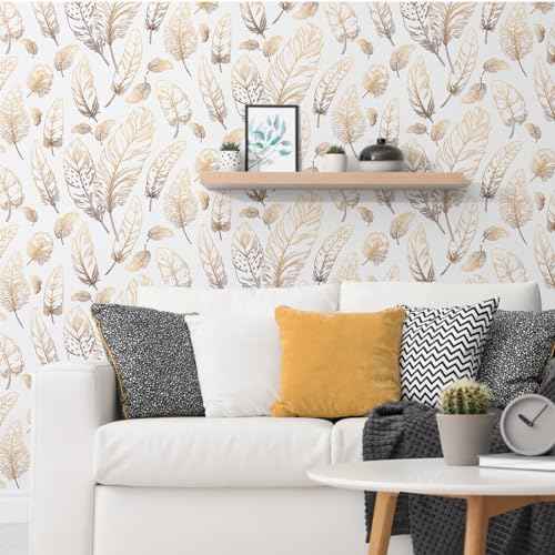 White Peel and Stick Wallpaper 17.7"x80" Feather Wallpaper Removable Modern Vinyl Wall Paper Waterproof Contact Paper for Bedroom Living Room