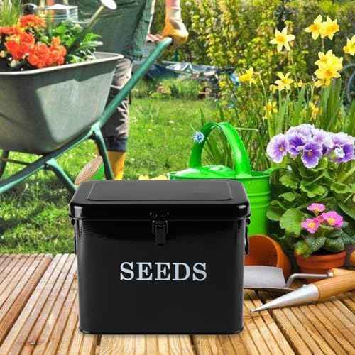 Seed Storage Organizer, T-Shape Compartment Seed Box with Safety Lock, Metal Seed Saving Box, Portable Seed Bin Container with Handle, Including 2 Pens 20 Plant Labels 50 Seed Envelopes-Black