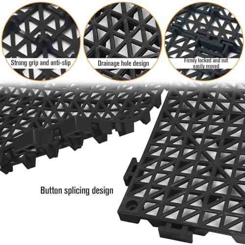 12 Pcs Drainage Mat Modular Interlocking Cushion 11.8" x 11.8" Garage Floor Tiles Non-Slip Splicing Rubber Floor Tiles for Drain, Deck, Pool, Outdoor/Indoor (Black)
