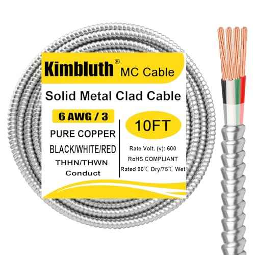 6/3 Metal Clad (MC) Cable with Ground 10ft, 6 Gauge Electric Wire with Aluminum Armor, Solid Bare Copper Conductors for Indoor Outdoor Underground Embedded Installation (6/3, 10 ft)