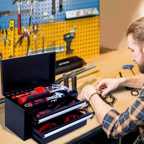 SUMERUZ Mini Tool Box with Drawers - Small Metal Tool Box, Micro Top Tool Chest for Tools Storage,Multi-Purpose Portable Storage Case Organizer (Black01)