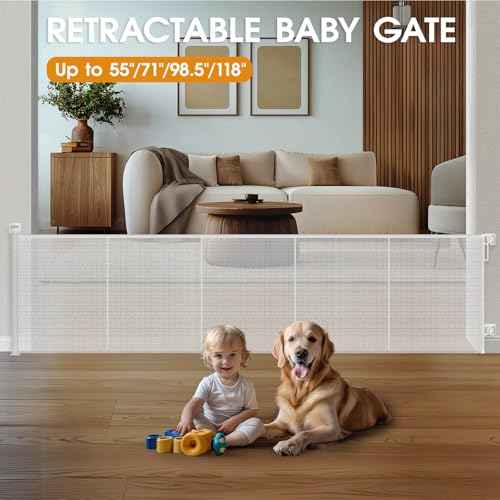 HOMEAL Retractable Baby Gates for Stairs & Doorways, Outdoor Indoor Mesh Dog Gate for Kids or Pet, Extra Wide Baby Gates for Deck, Porch, Hallways, Patio (White, Width Up to 55")