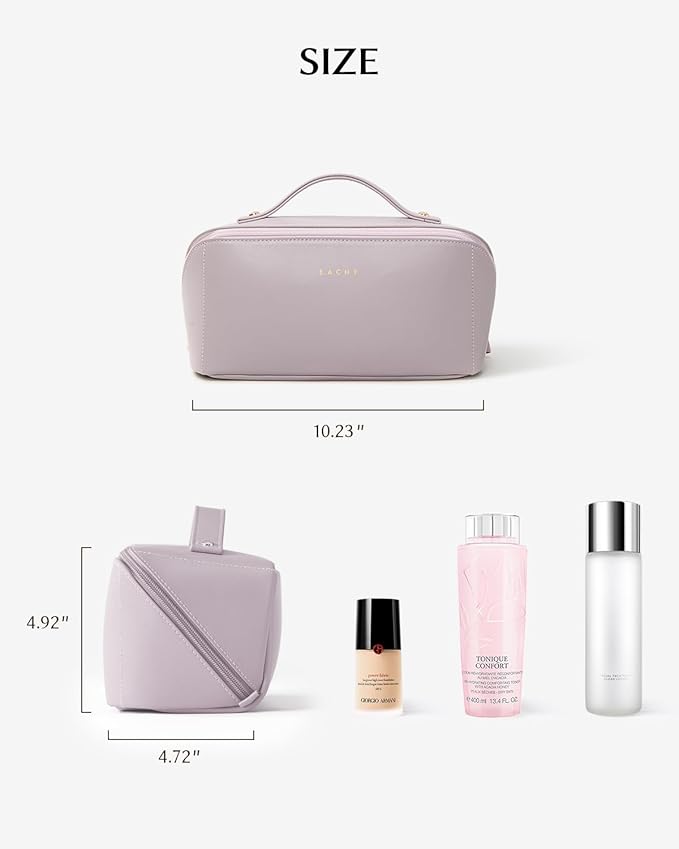 EACHY Travel Makeup Bag, Large Capacity Cosmetic Bag for Women, Waterproof PU Leather, Flat Open Portable Toiletry Bag for Skincare, Brushes & Travel Essentials