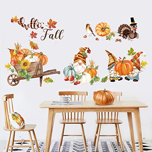 decalmile Fall Maple Leaf Wall Decals Thanksgiving Pumpkin Gnome Turkey Wall Stickers Kitchen Dining Room Party Autumn Home Decor