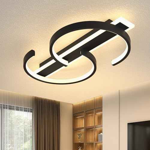 LED Ceiling Light 2 Rings Black Modern Flush Mount Ceiling Lamp with Remote 3000-6000K Living Room Light Fixture 23.62in for Bedroom Dining Room Office