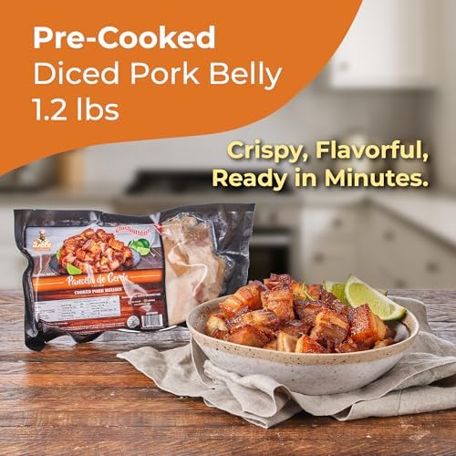 DELE FOOD Diced Pork Belly Chicharron, 1.2 lbs – Pre-Cooked Panceta de Cerdo Cubes for Oven or Air Fryer – Gourmet Chicharrones with Pork Fat and Meat – Ready to Bake, Crisp, and Serve