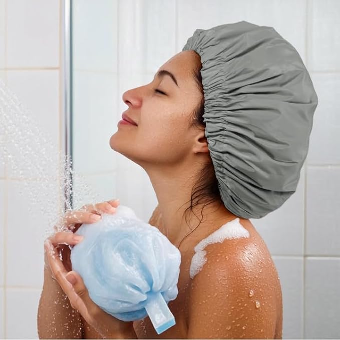 Reusable Shower Cap for Women, Large Waterproof Shower Bonnet with Elastic Band, Washable Bath Hair Cap for Long, Curly Hair, Braids, Daily Shower, Home Spa, Travel(Dark Grey)