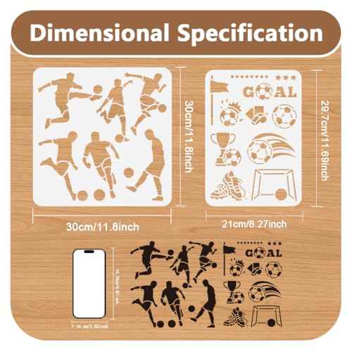 2Pcs Play Football Stencils for Painting, Reusable Plastic Soccer Player Stencil Drawing Templates, Sport DIY Craft Paint Templates for Wall Home Decor Wood Burning Canvas Card Journal Paper